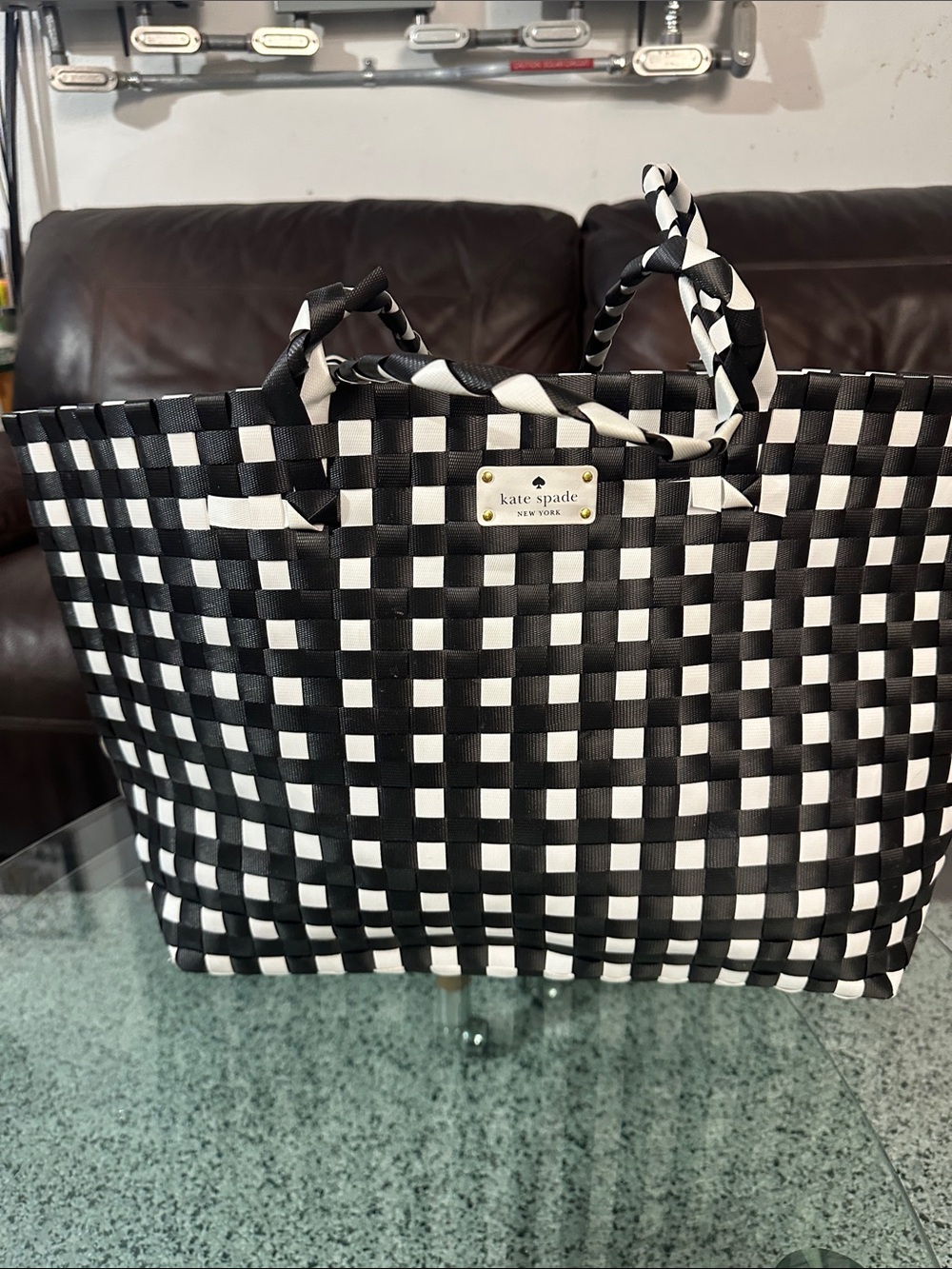 Kate Spade Black & White Woven Large Beach Tote Bag
